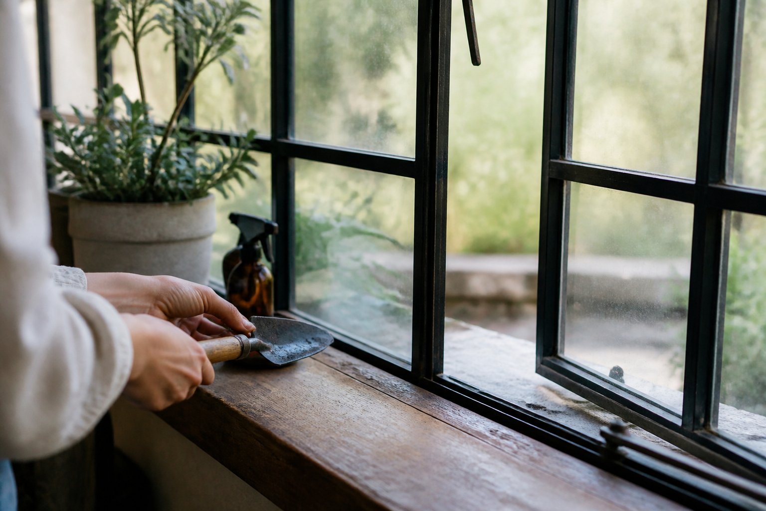 A cozy cottage interior showing black metal framed casement windows with natural daylight coming through, a wooden windowsill with a few everyday objects and a hand adjusting a small tool.