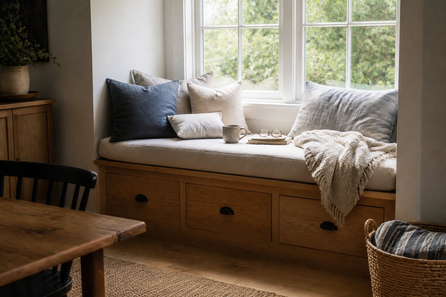 A built-in window seat with storage in a cozy cottage, featuring cushions, a mug, books, and natural daylight coming through the window.