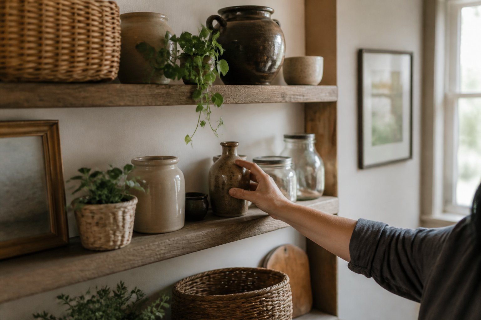 A minimalist open shelving unit displaying vintage ceramics, glass jars, baskets, and plants with a hand adjusting an item under soft daylight.