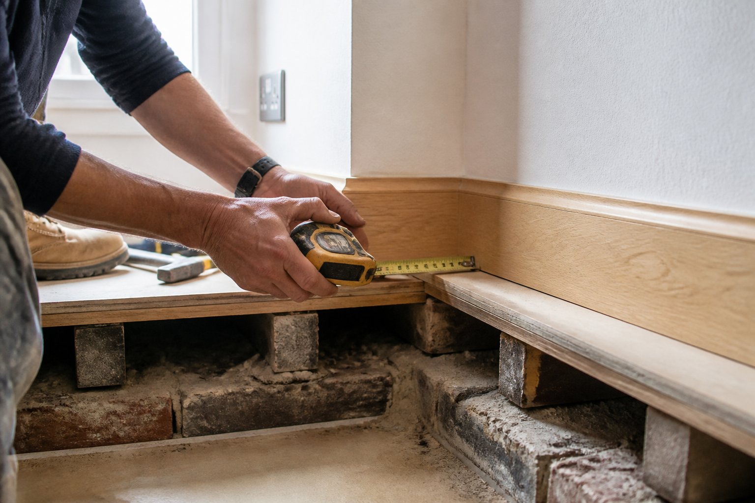 Close-up of hands holding a carpenter's tool near a wooden skirting board being installed along a wall, showing part of the underpinning foundation and construction materials.