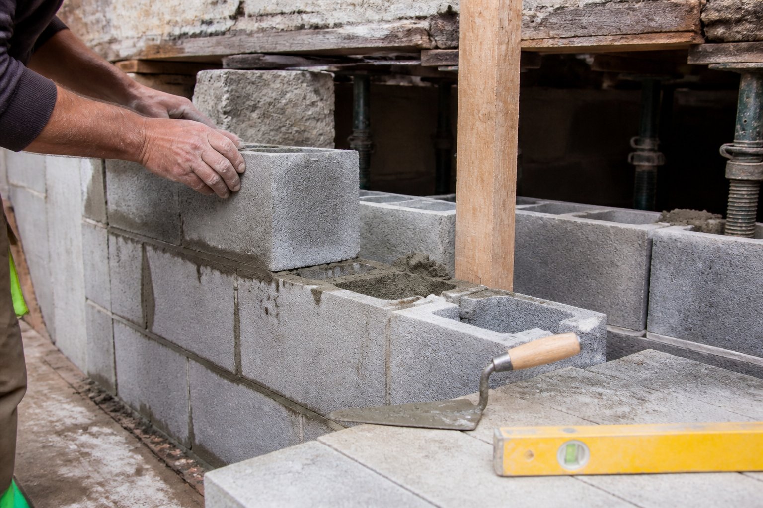 A close-up view of a masonry foundation under construction with concrete blocks, tools, and hands working on the site.