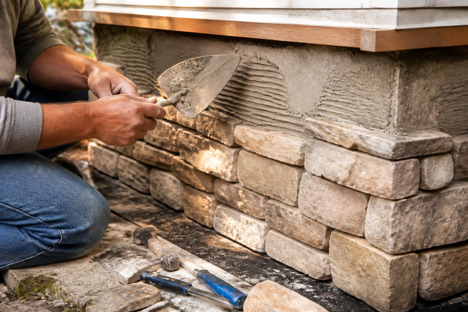 Hands applying stone veneer to a home's foundation with masonry tools nearby on a sunny day.