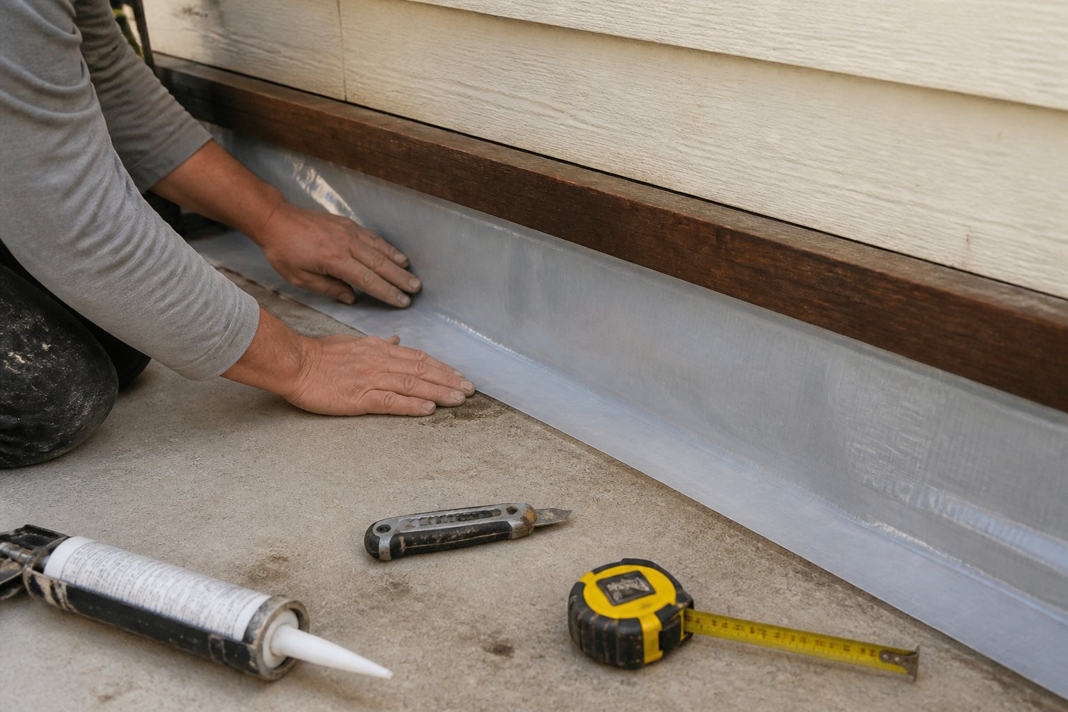 Close-up of hands installing a vapor-proof membrane along the base of an exterior wall with tools nearby on a concrete floor.