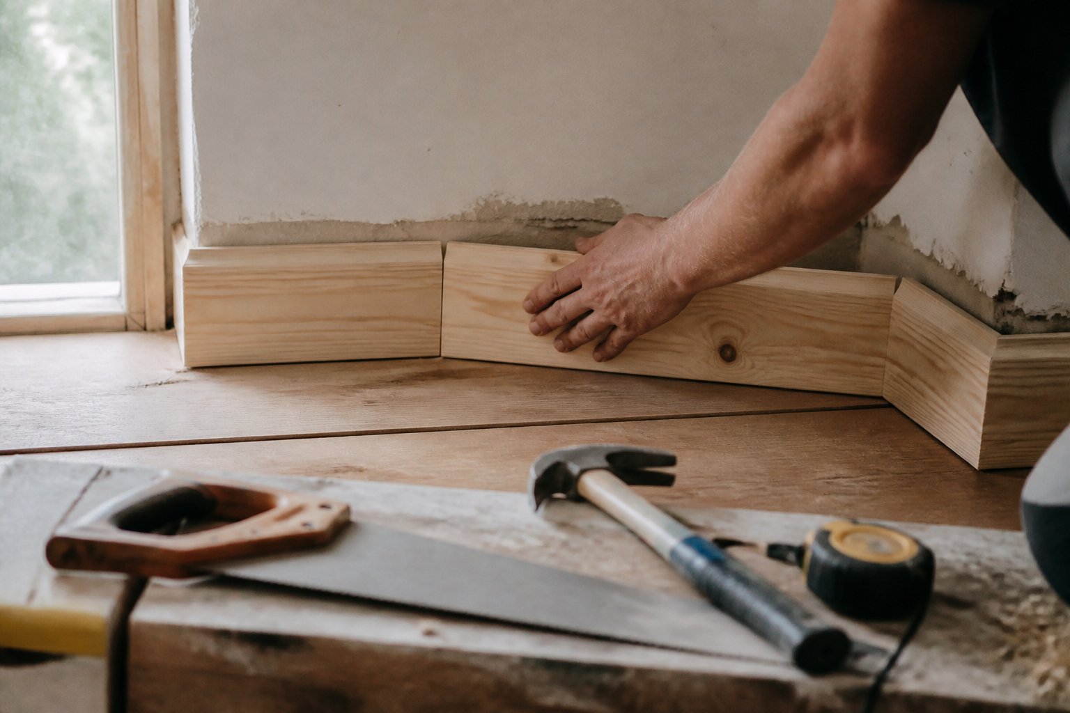A casual home renovation scene showing hands working on installing skirting boards with tools nearby and natural daylight coming through a window.