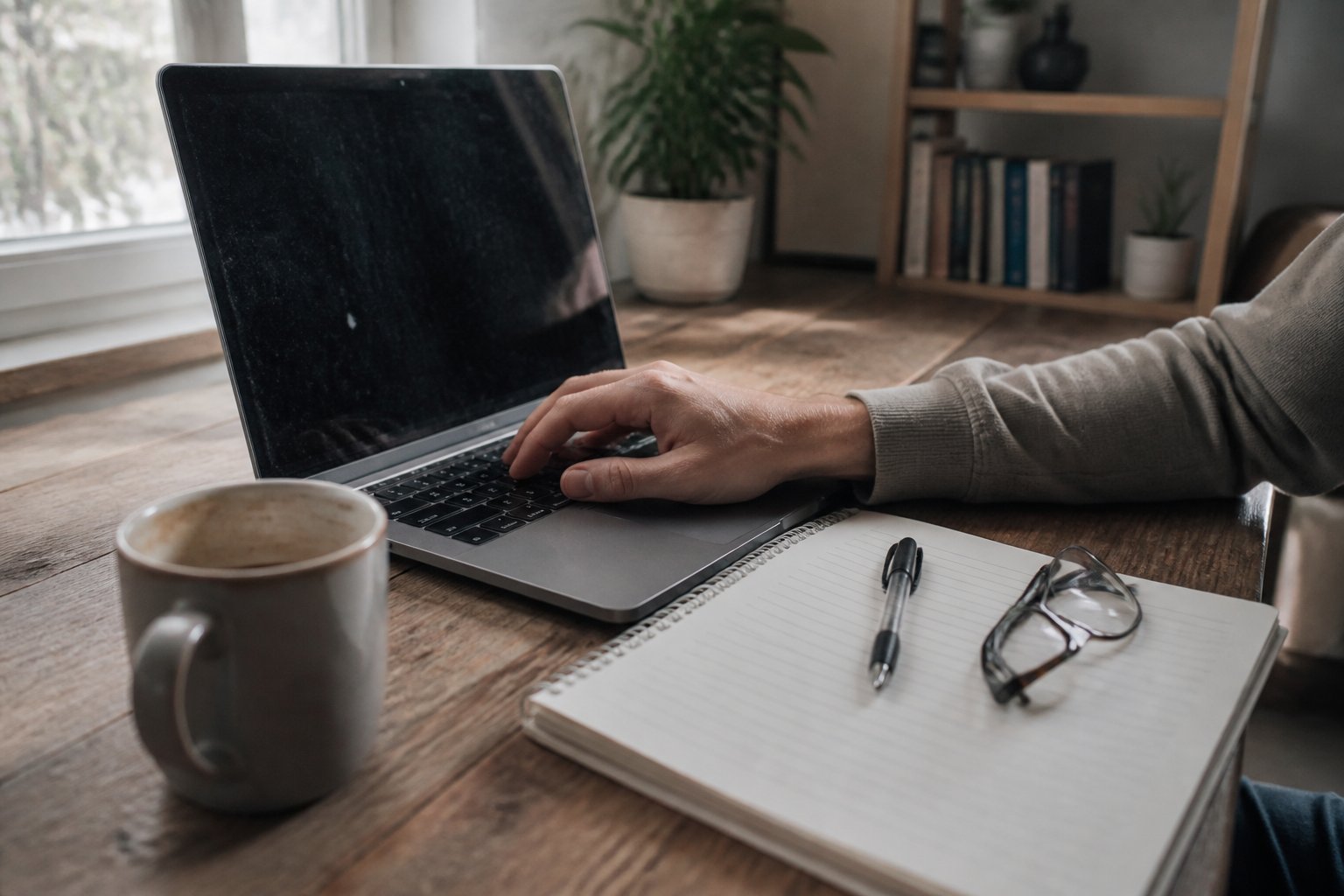A casual work-from-home office setup with a laptop, notebook, coffee mug, glasses, and a hand reaching towards the keyboard on a wooden desk, with a bookshelf and plant in the background.