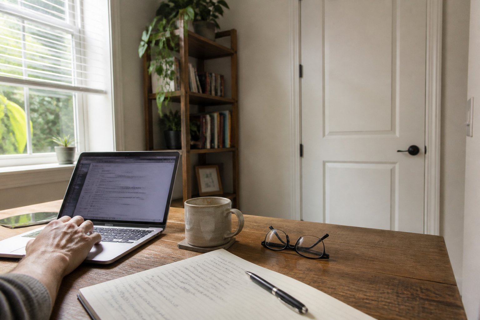 A quiet home office corner with a closed door, a wooden desk with a laptop, notebook, mug, and eyeglasses, and a hand reaching toward the laptop keyboard.