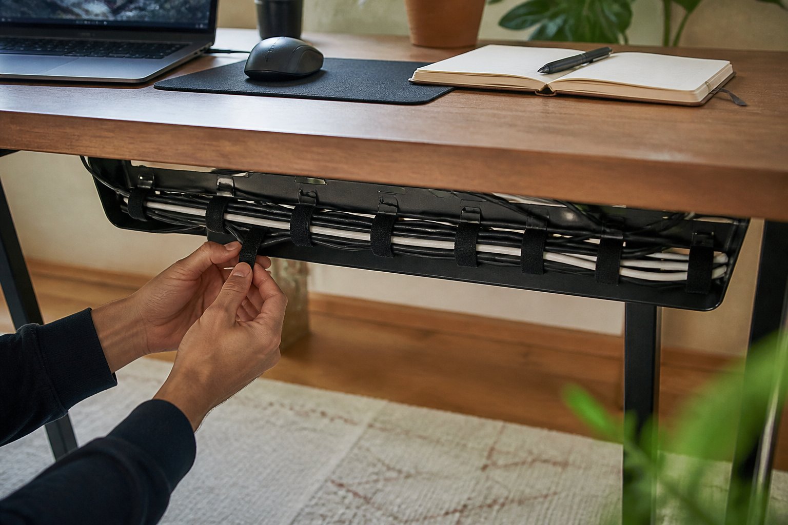 A work-from-home desk with cables organized in a cable tray secured by Velcro ties, showing hands adjusting the ties among everyday office items.