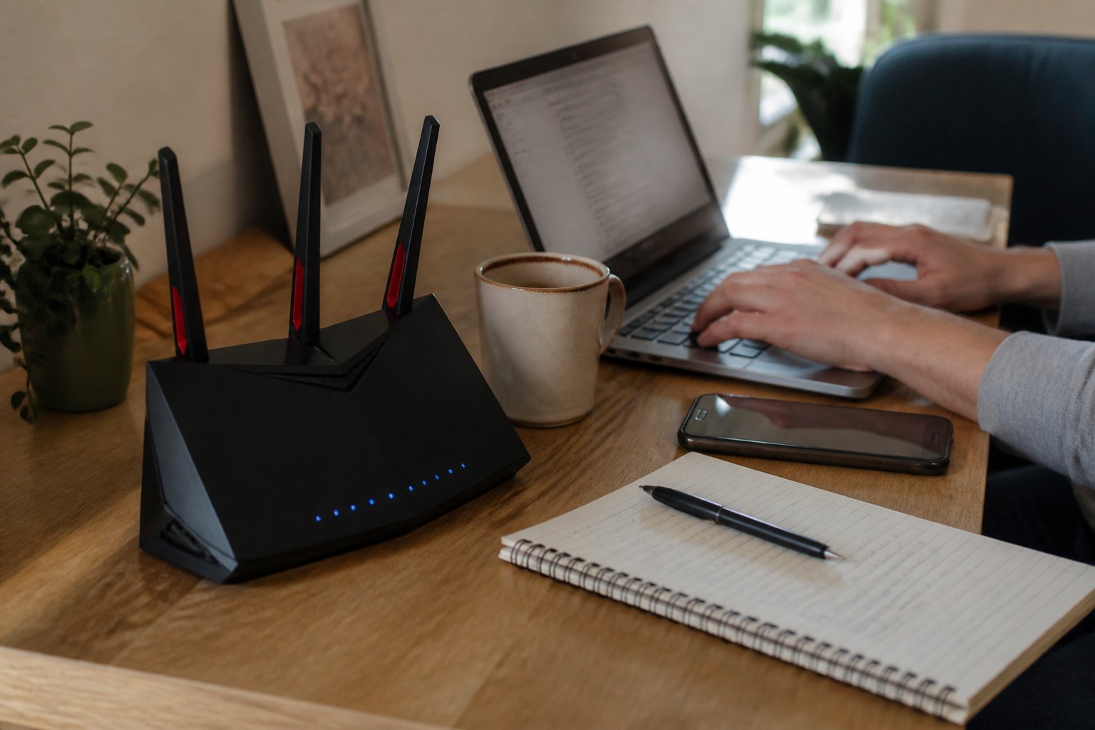 A home office desk with a Wi-Fi 6 router, laptop, notebook, coffee mug, and hands typing on the keyboard in natural daylight.