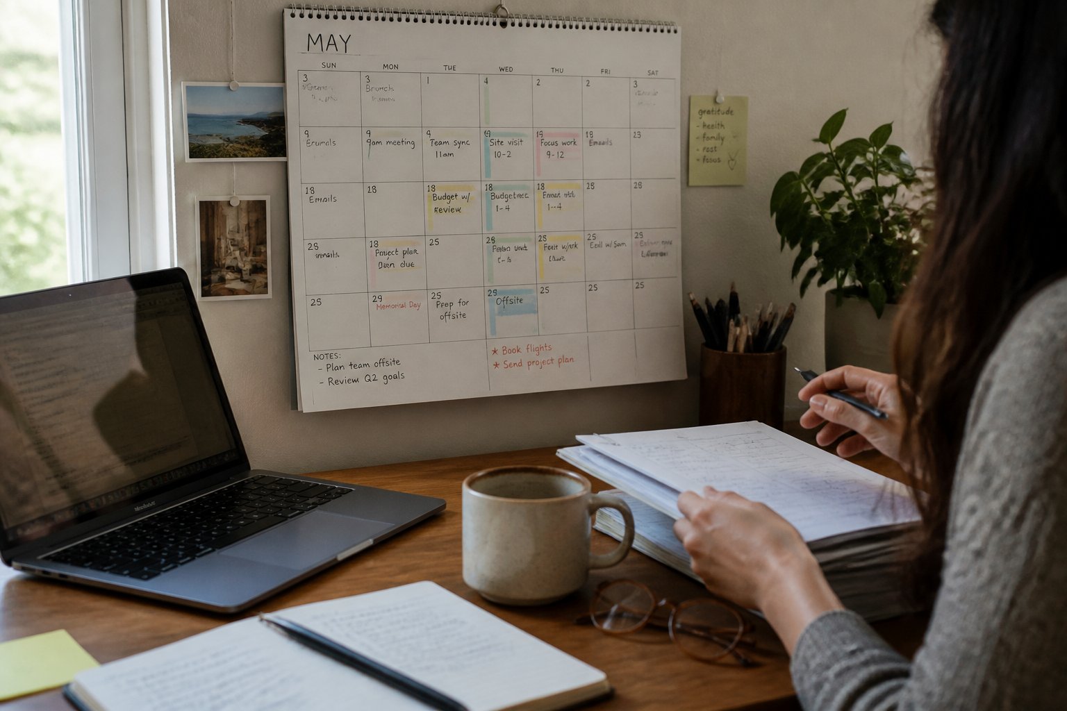A home office desk with a paper calendar showing a time-blocking schedule, a laptop, a coffee cup, and hands adjusting papers under soft daylight.