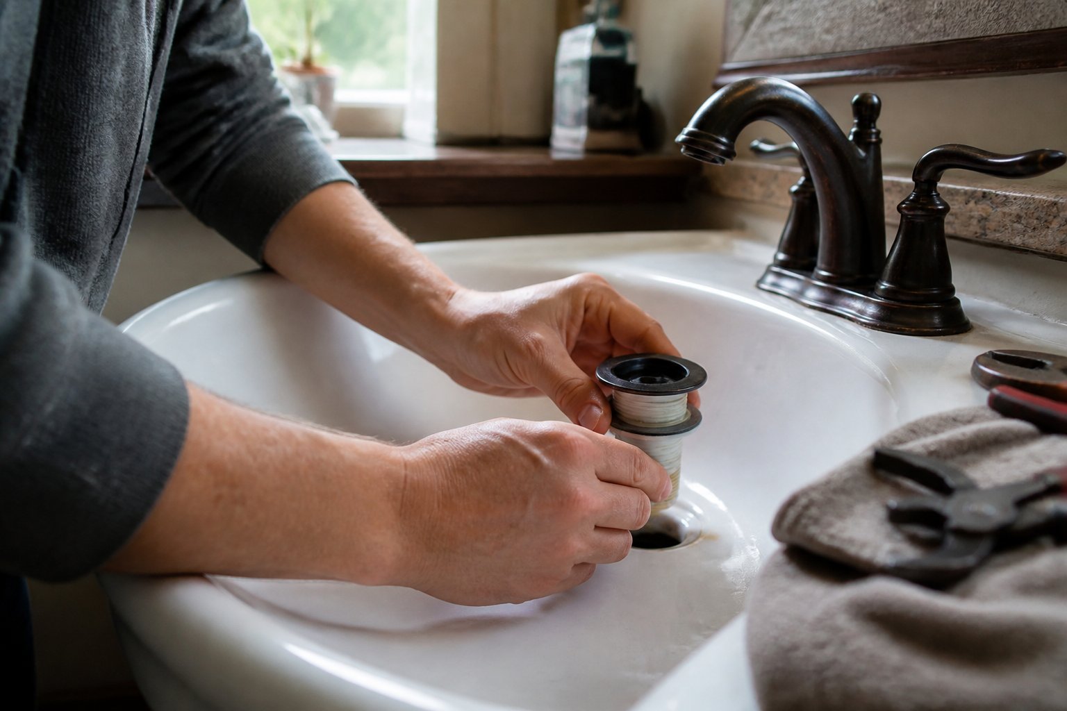 Hands working on a bathroom sink drain with tools nearby and natural daylight coming through a window.