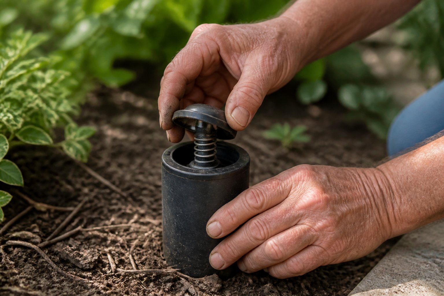 Hands adjusting a spring-loaded cap on a pop-up drain emitter outdoors with tools and garden soil nearby.