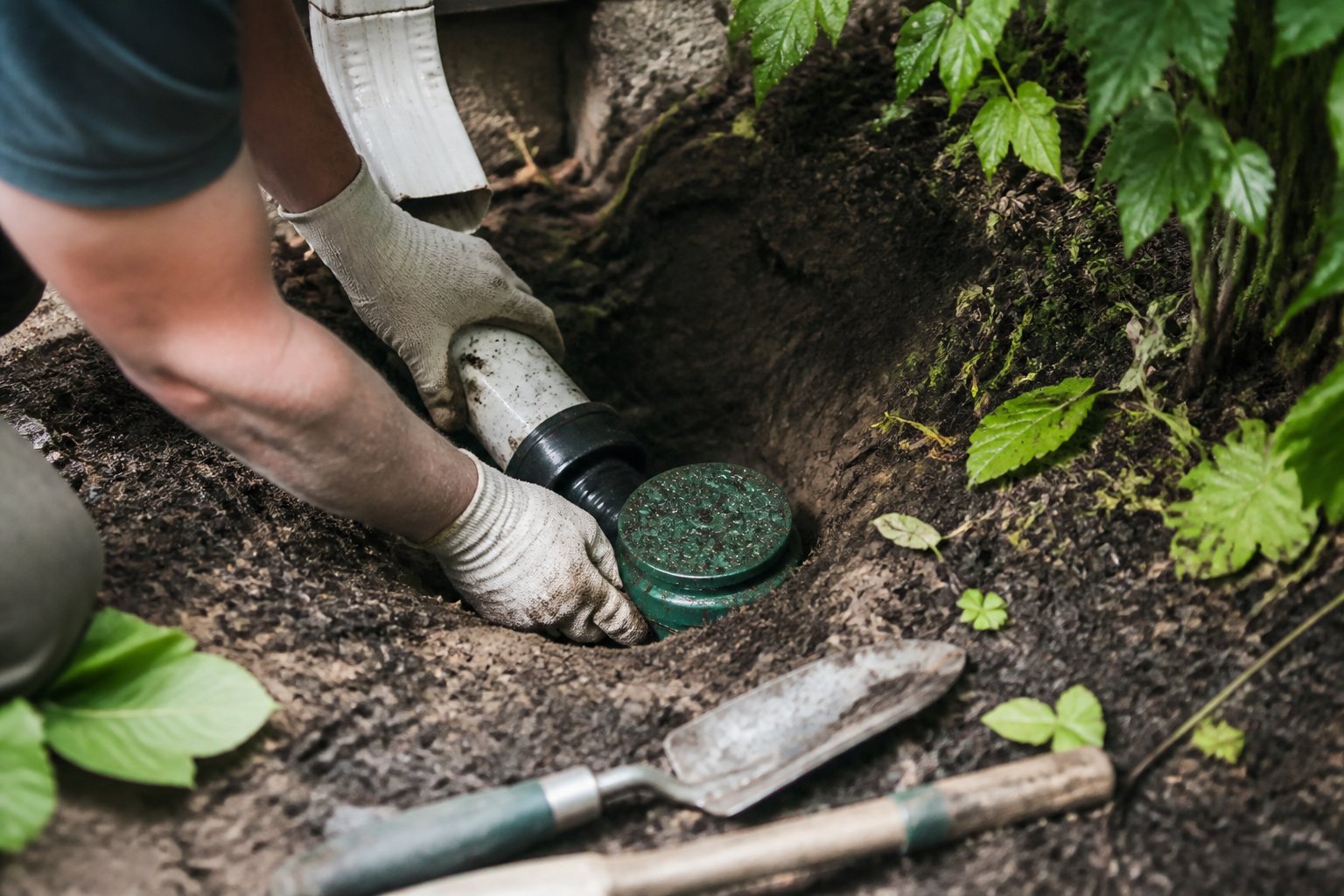 Hands working on a buried downspout connection with a pop-up drain emitter in a garden, surrounded by soil and gardening tools.