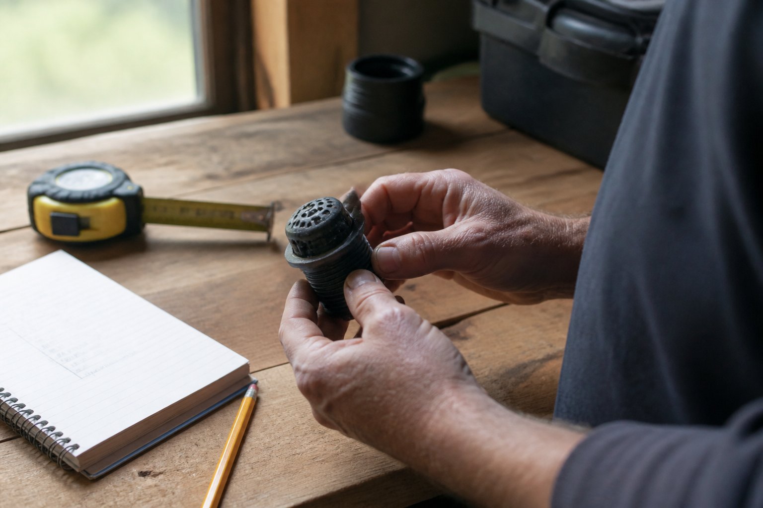 Hands holding a pop-up drain emitter on a wooden workbench surrounded by tools like a tape measure and pencil.