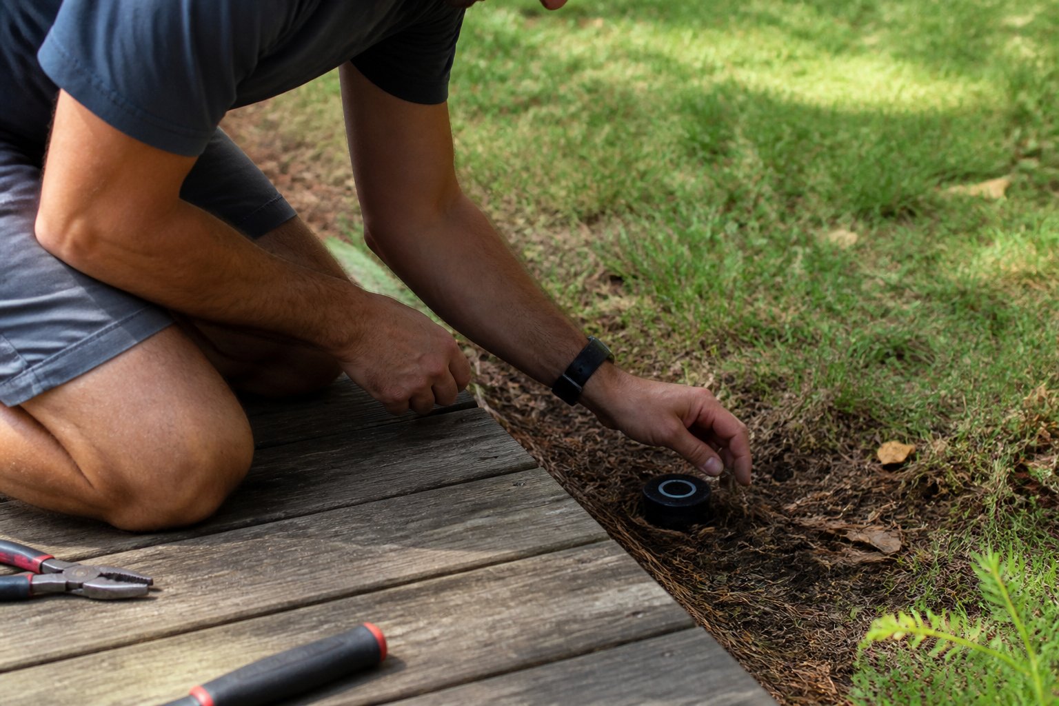 Hands clearing debris around a pop-up drain emitter outdoors with garden tools nearby.