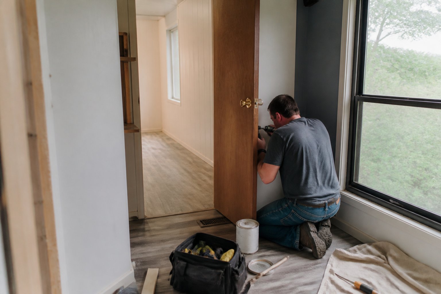 A casual scene inside a manufactured home showing hands working with tools on a remodeling project, with natural daylight and visible textures of wood and paint.