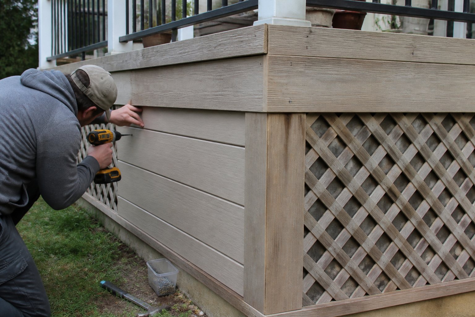 A person working on replacing vinyl skirting with insulated wood skirt and lattice accents on a manufactured home exterior, with tools and wood materials visible.