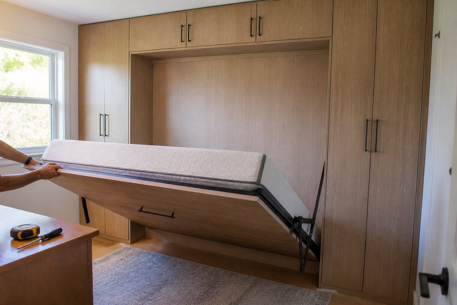 A small bedroom with a Murphy bed partially folded down and built-in wardrobes, with hands adjusting the bed and tools placed nearby.