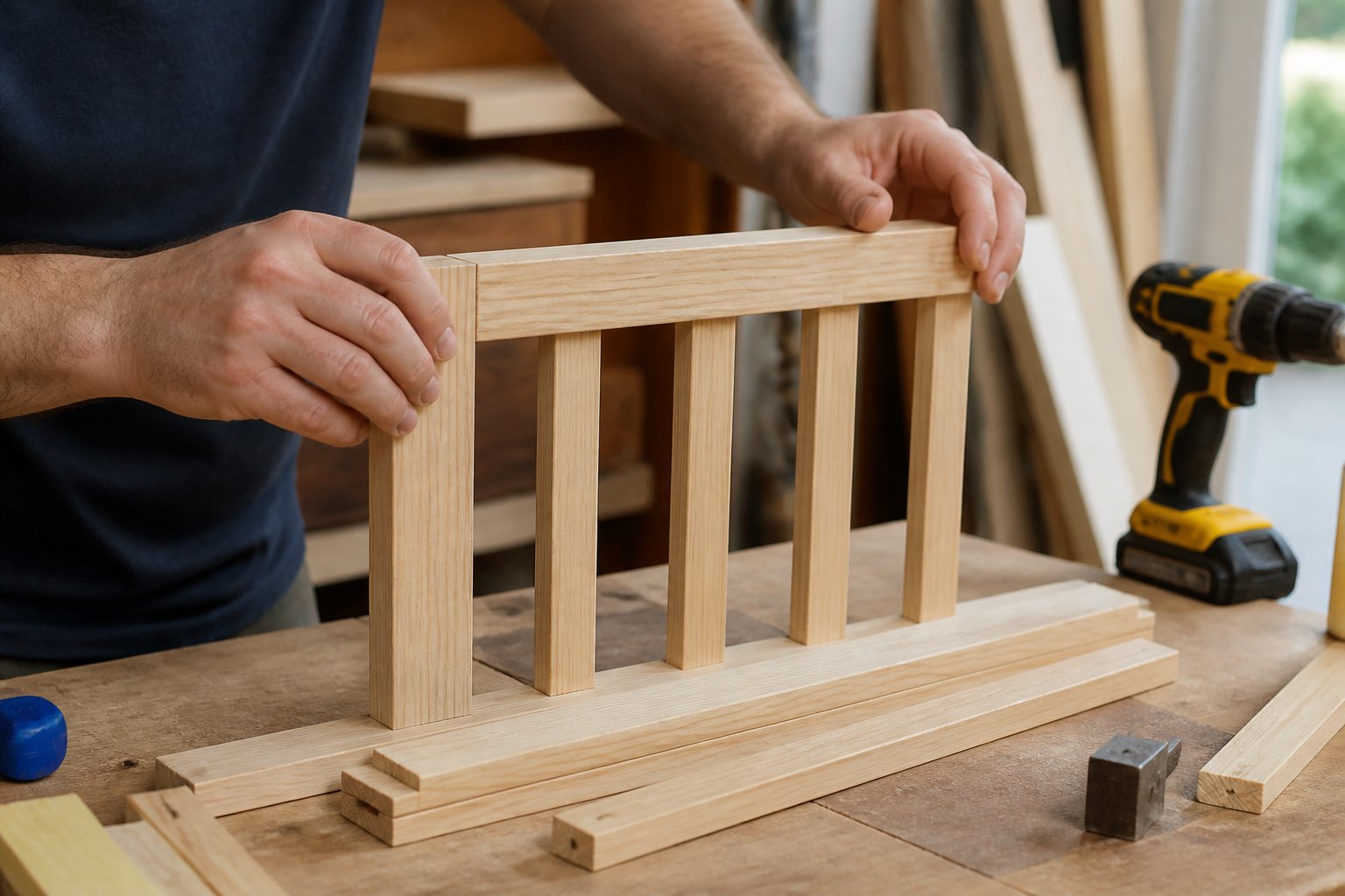 Hands measuring and fitting wooden rails and stiles on a workbench with tools nearby in a softly lit workshop.