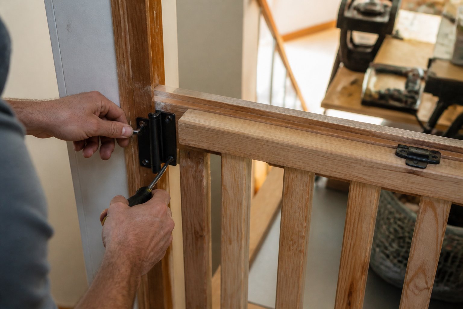 A person installing a self-closing spring hinge and childproof magnetic latch on a wooden stairway gate with tools nearby.