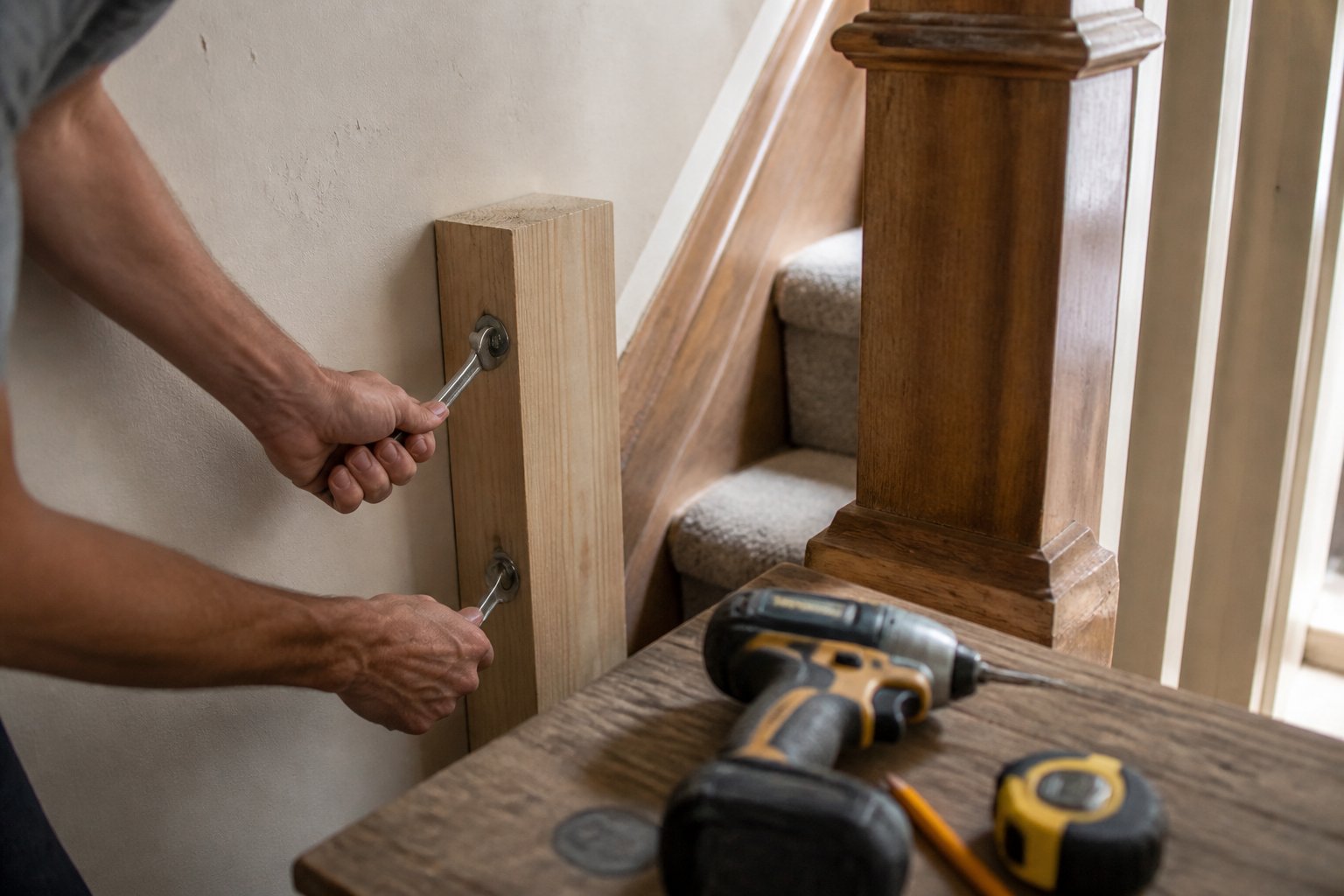 Hands using a drill to attach a wooden blocking to a stair banister with tools nearby on a wooden surface.