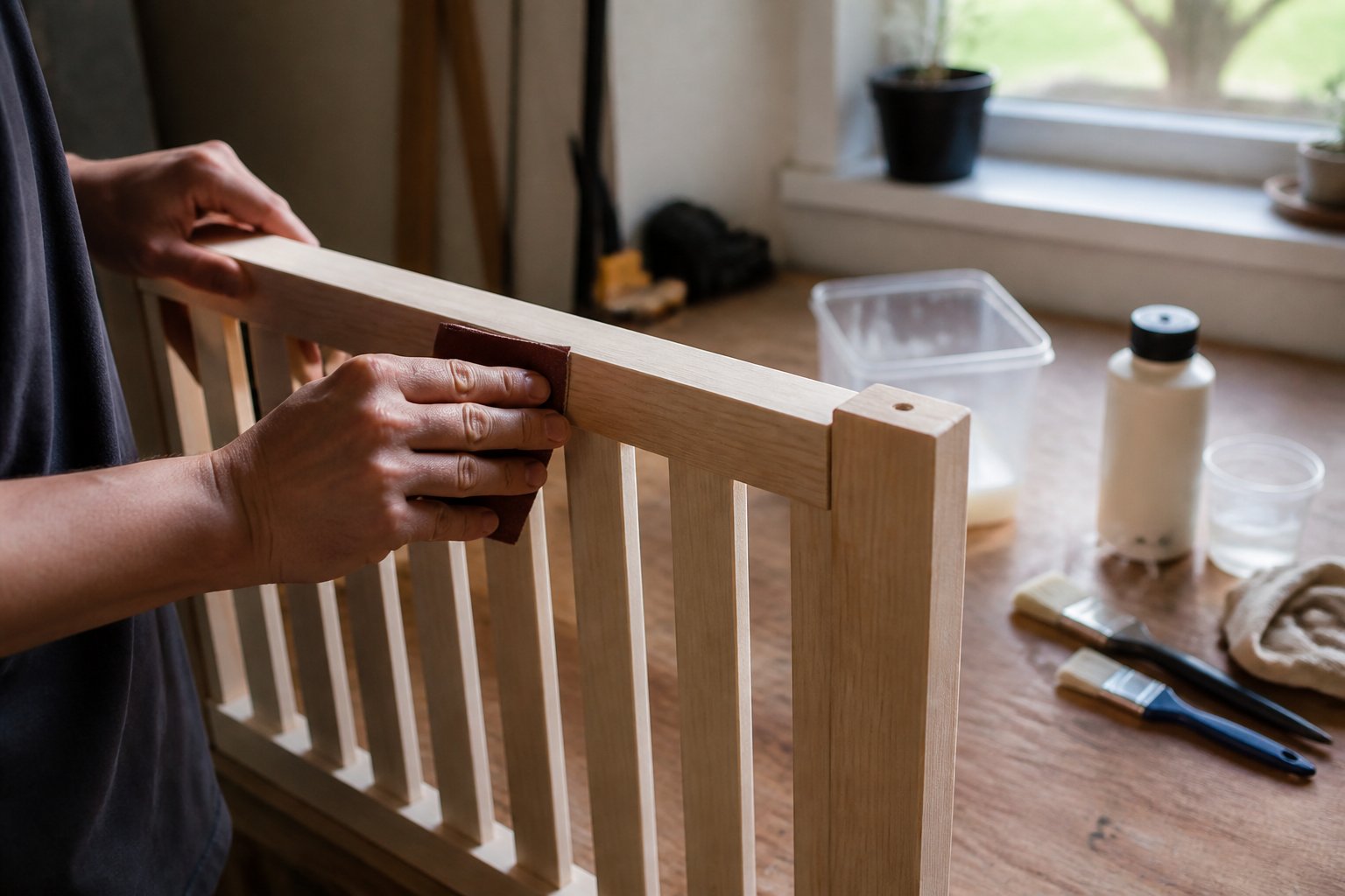 Hands sanding a wooden stairway gate on a workbench with brushes and finish nearby in soft daylight.