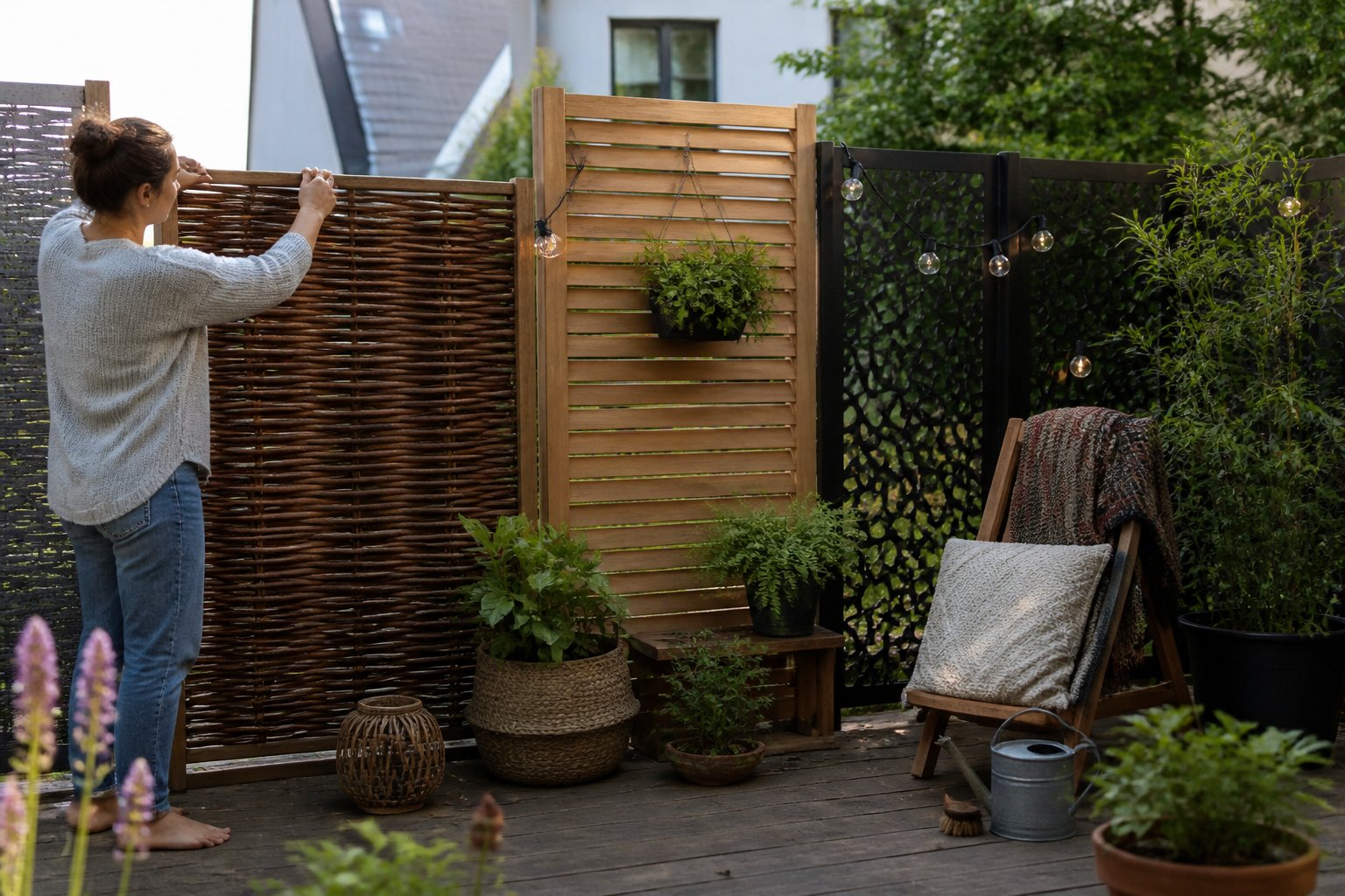Outdoor garden area with various privacy screens, plants, and gardening tools arranged casually in soft natural daylight.