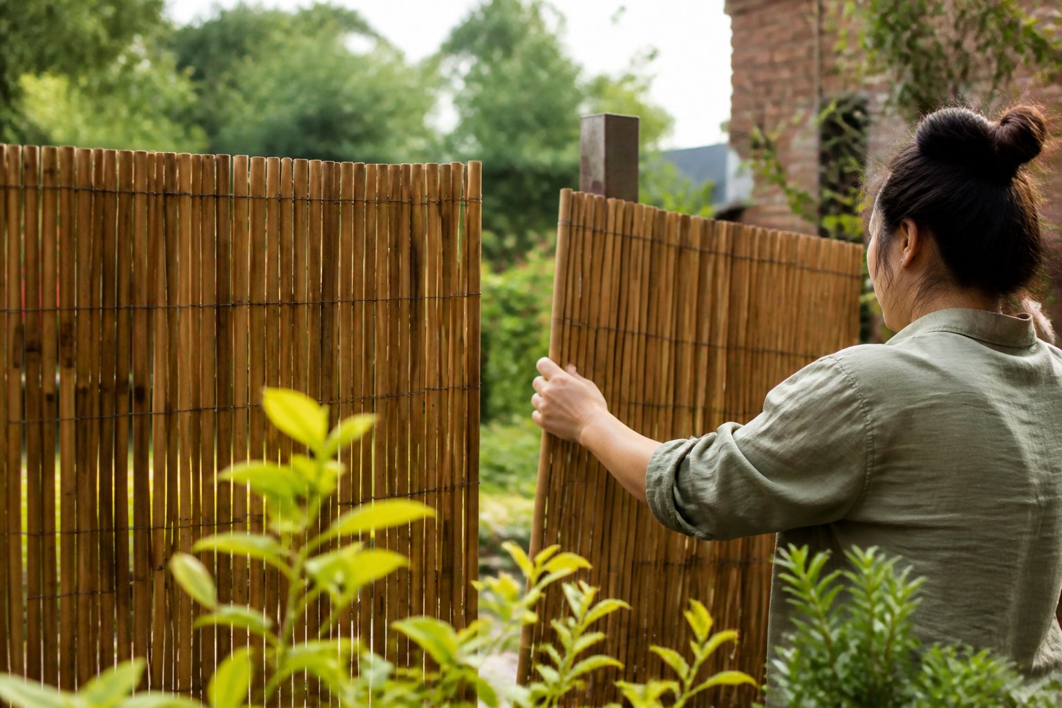 Bamboo roll-up fence panels hung on tension wire outdoors with gardening tools and hands adjusting them in a garden setting.