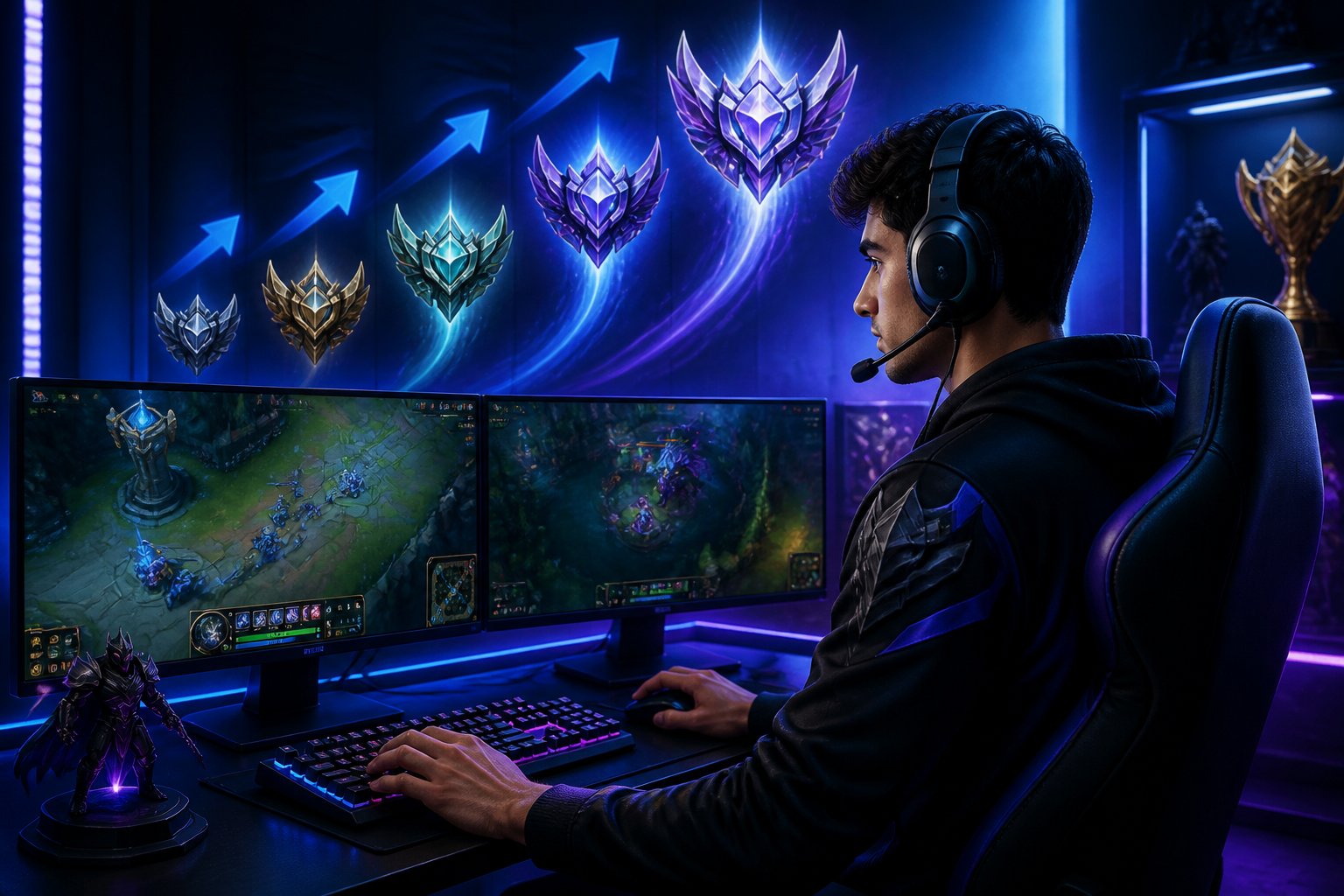 A focused gamer at a modern gaming setup with multiple monitors showing a multiplayer online game, surrounded by symbols of progress and achievement.