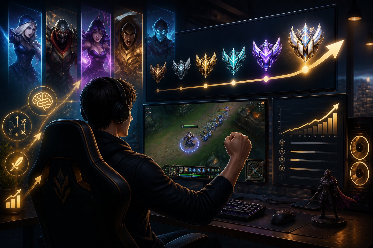 A gamer focused on playing League of Legends at a modern gaming setup with screens showing gameplay and progress indicators, surrounded by visual elements representing skill improvement and strategy.