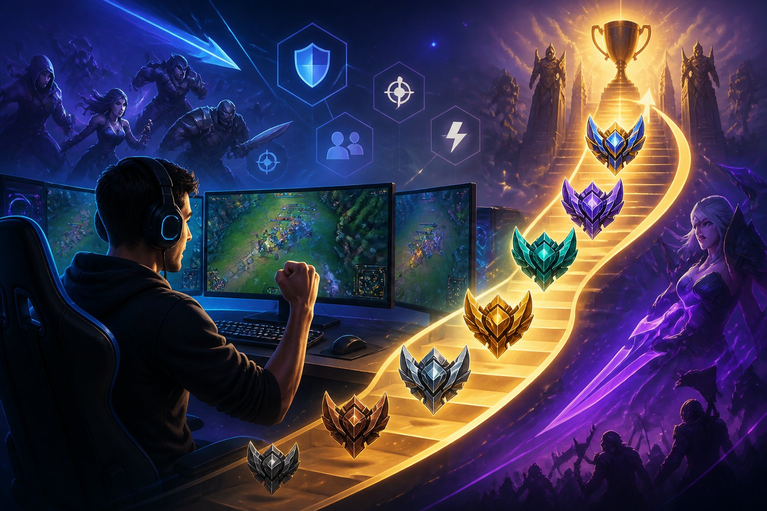 A gamer at a computer surrounded by symbols of progress and achievement in a competitive video game setting.