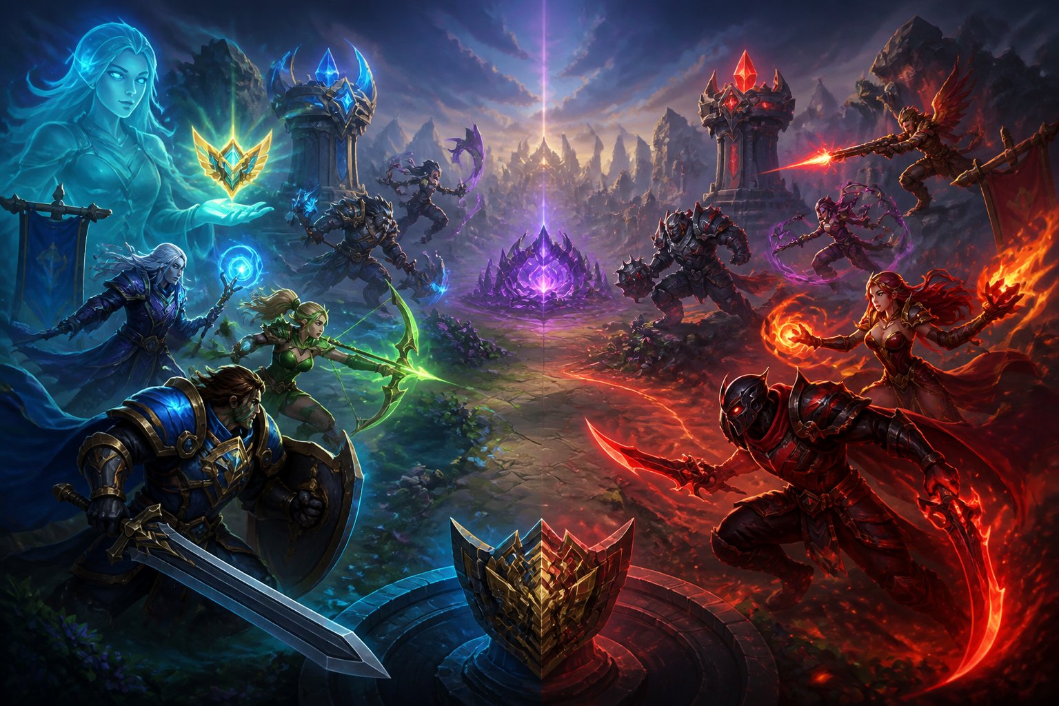 A scene showing two teams of five characters each facing off in a fantasy battlefield with towers and lanes, highlighting intense competition and teamwork.