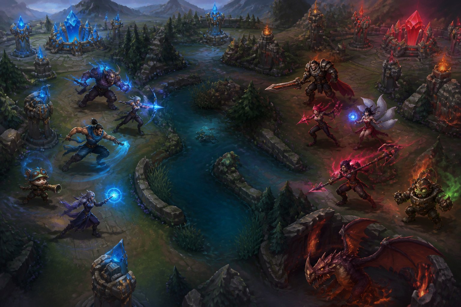 A scene showing two teams of five League of Legends champions facing each other on a fantasy battlefield, preparing for a strategic 5 versus 5 match.