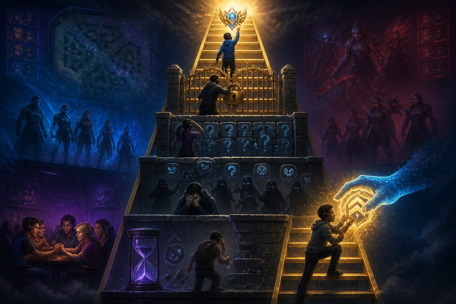 Gamers facing obstacles on a ladder symbolizing challenges in progressing through a competitive 5v5 ranked game.