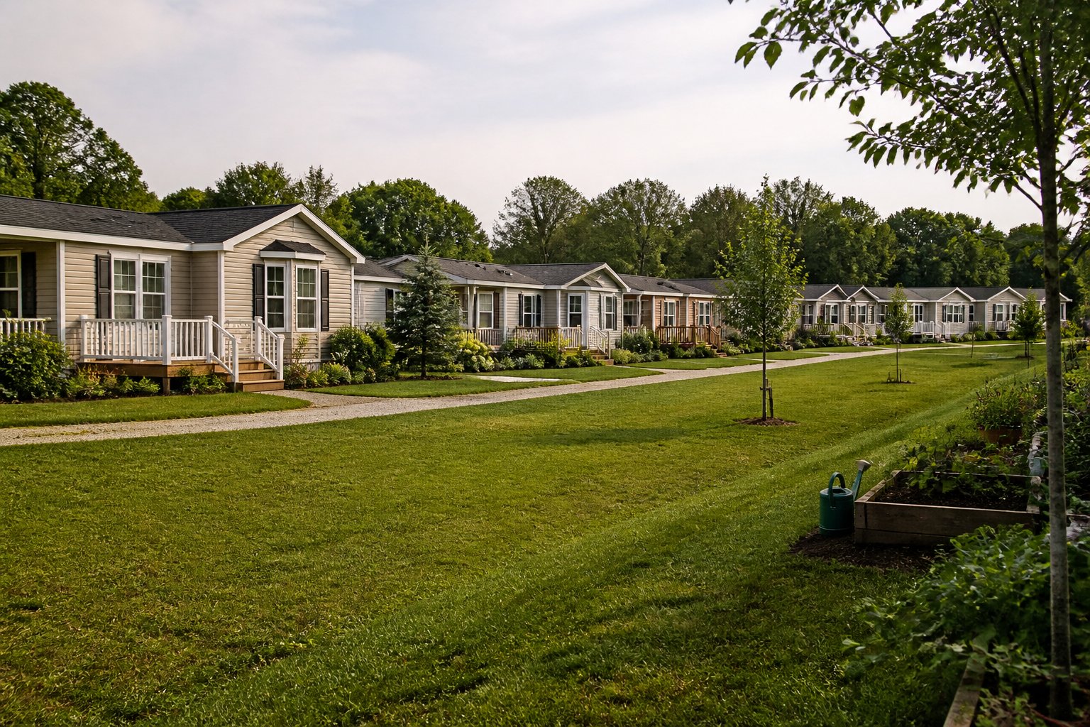 A group of 10 triple wide manufactured homes in a residential area with natural daylight, showing details of the houses and some tools and objects nearby.