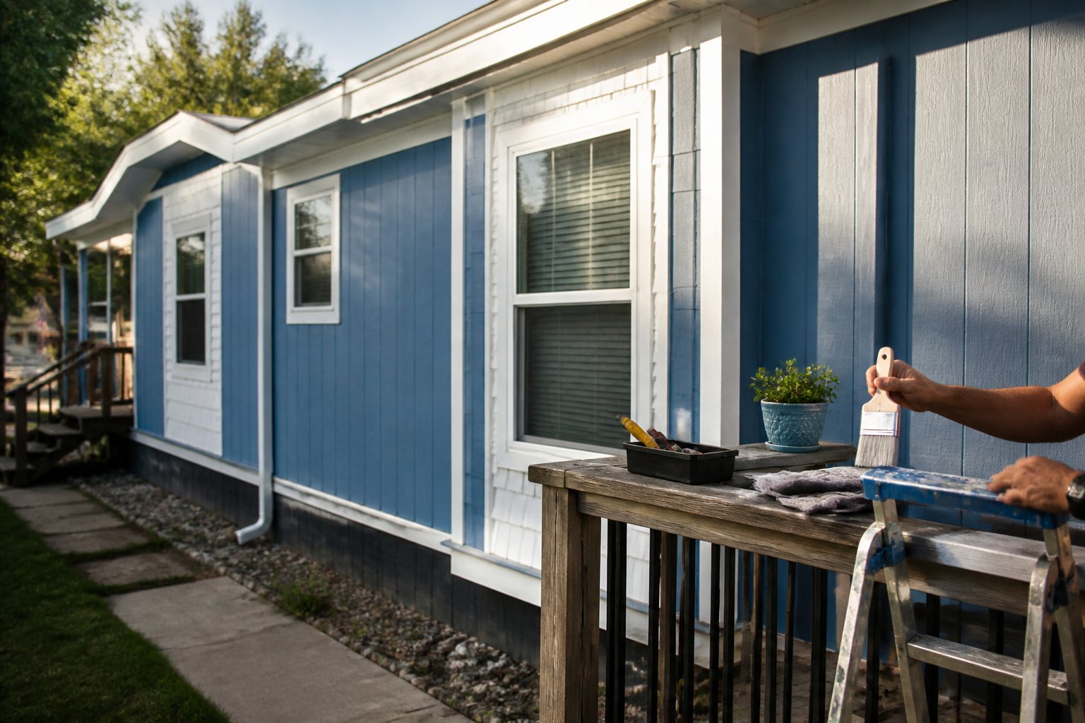 Blue farmhouse triple wide manufactured home with white shingle accents, a ladder with a paintbrush, tools on the porch railing, and a small potted plant in soft daylight.