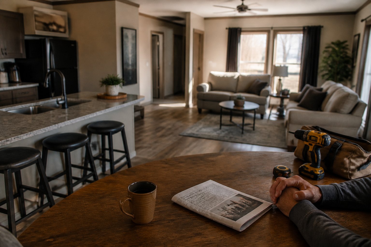 Interior view of a triple section manufactured home with an open-concept layout, showing a wooden table with hands resting on it, kitchen counters, and casual everyday objects in natural daylight.