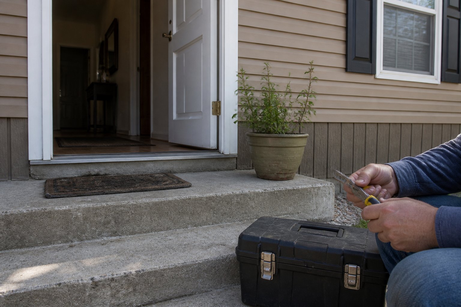 The entrance of a triplewide manufactured home with hands holding tools near the doorway, a toolbox on the steps, and a potted plant beside the door.