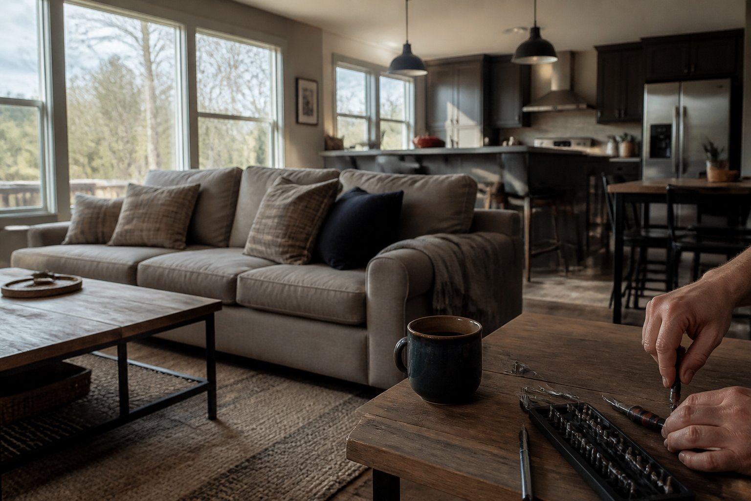 Interior of a contemporary triple wide manufactured home with floor-to-ceiling windows, showing a cozy living area with natural light, a pair of hands working with tools on a table, and everyday objects casually arranged.