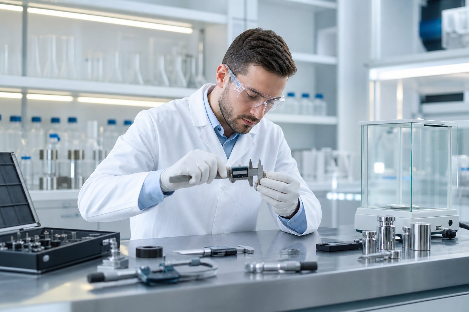 A scientist in a lab coat examining precise measurement instruments in a clean laboratory environment considering how to use the ISO 17025 decision rule 