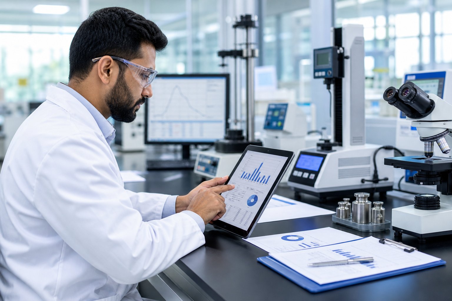 A lab technician in a white coat examines test results on a digital tablet in a modern laboratory with scientific instruments in the background considering how to use the ISO 17025 decision rule 