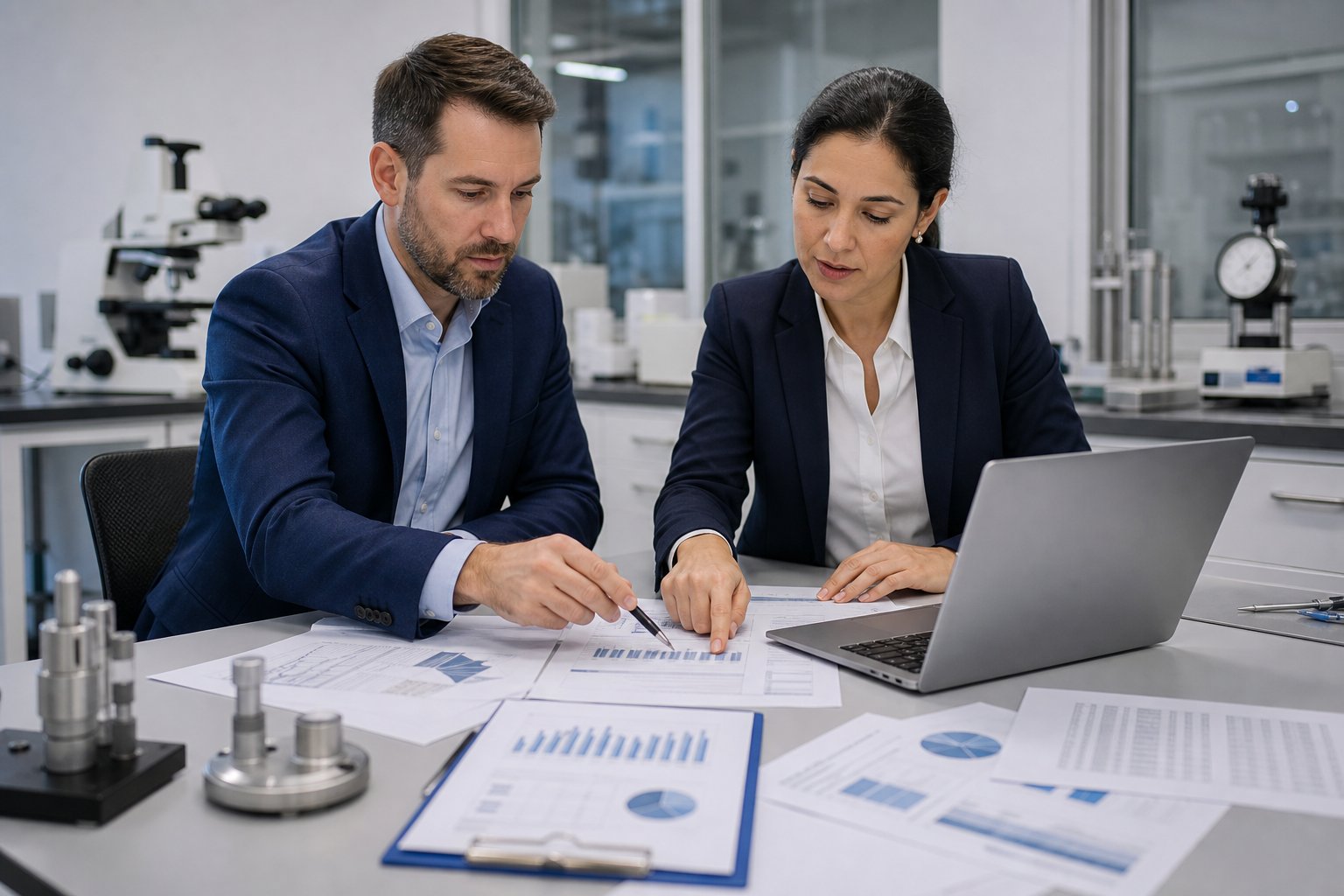Two professionals discussing documents and data in a modern office setting with charts and technical reports on the table considering how to use the ISO 17025 decision rule 