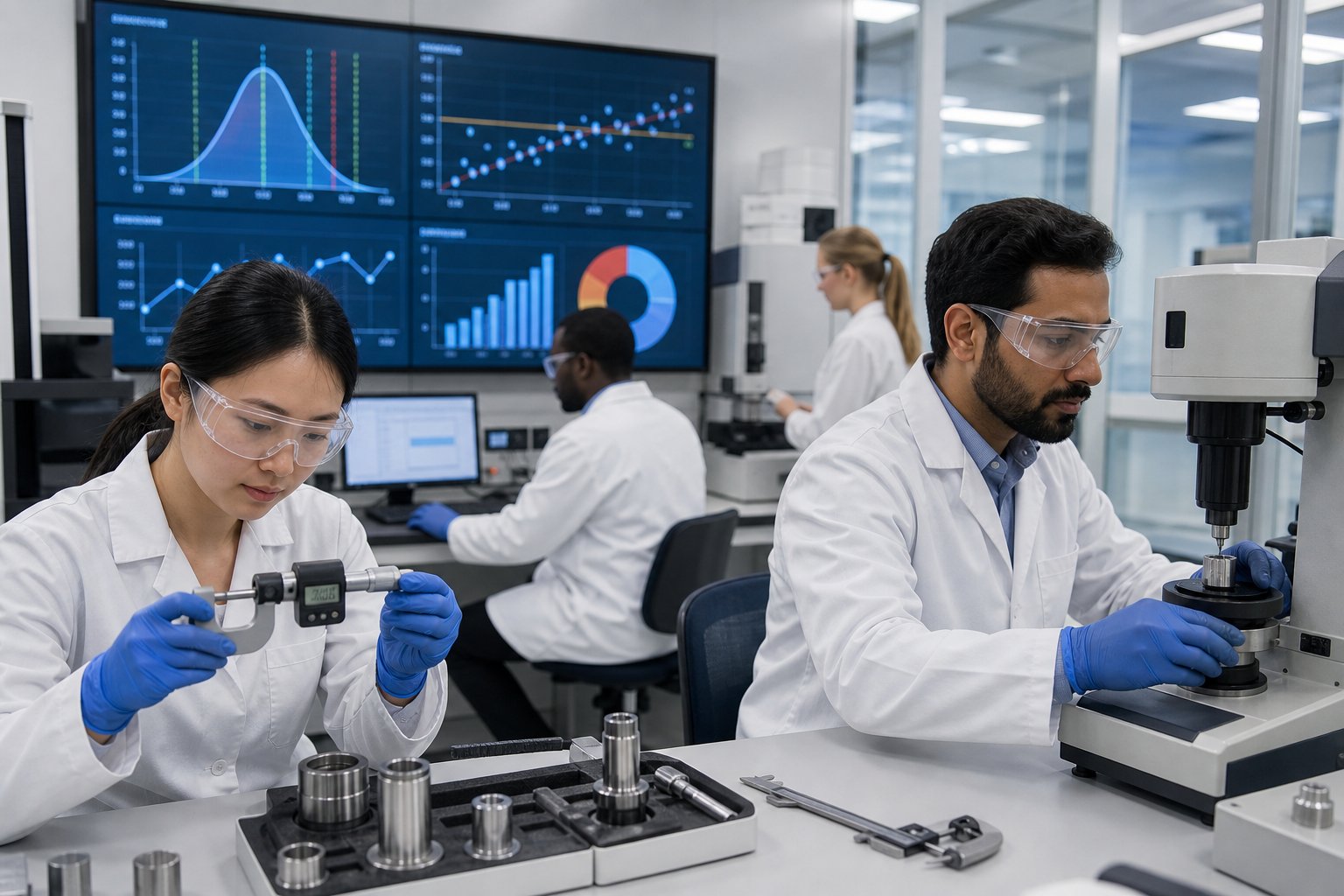 Laboratory technicians in white coats working with precision measurement instruments and analyzing data on digital screens in a modern lab considering how to use the ISO 17025 decision rule 