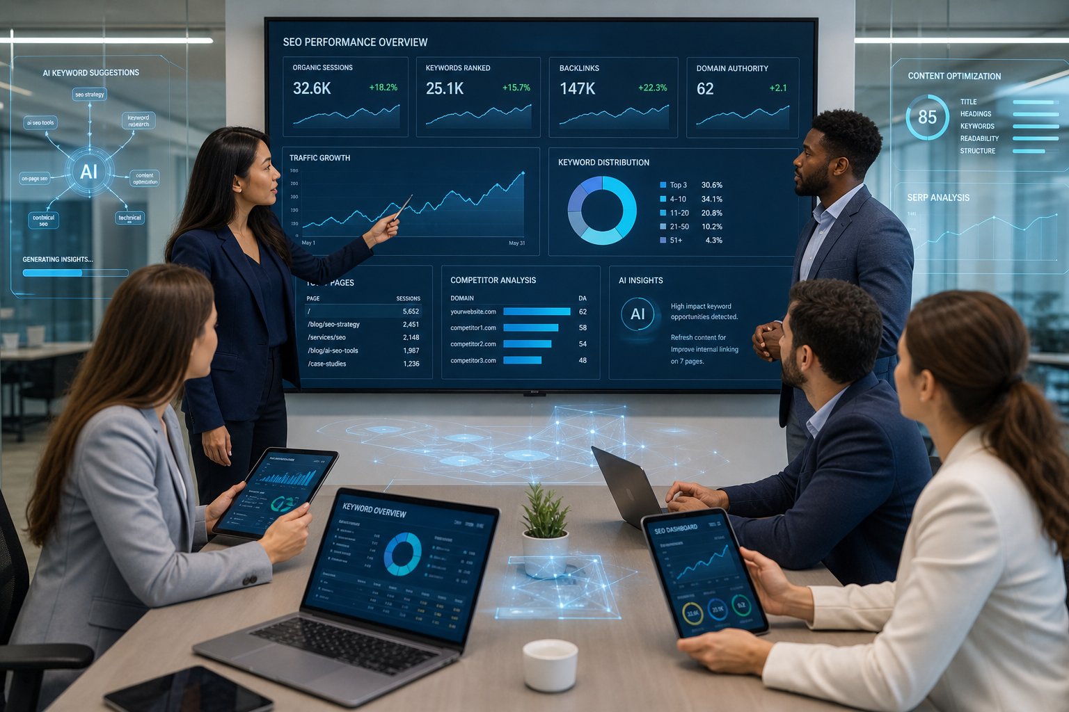 A group of business professionals collaborating around a digital screen showing data and charts in a modern office.