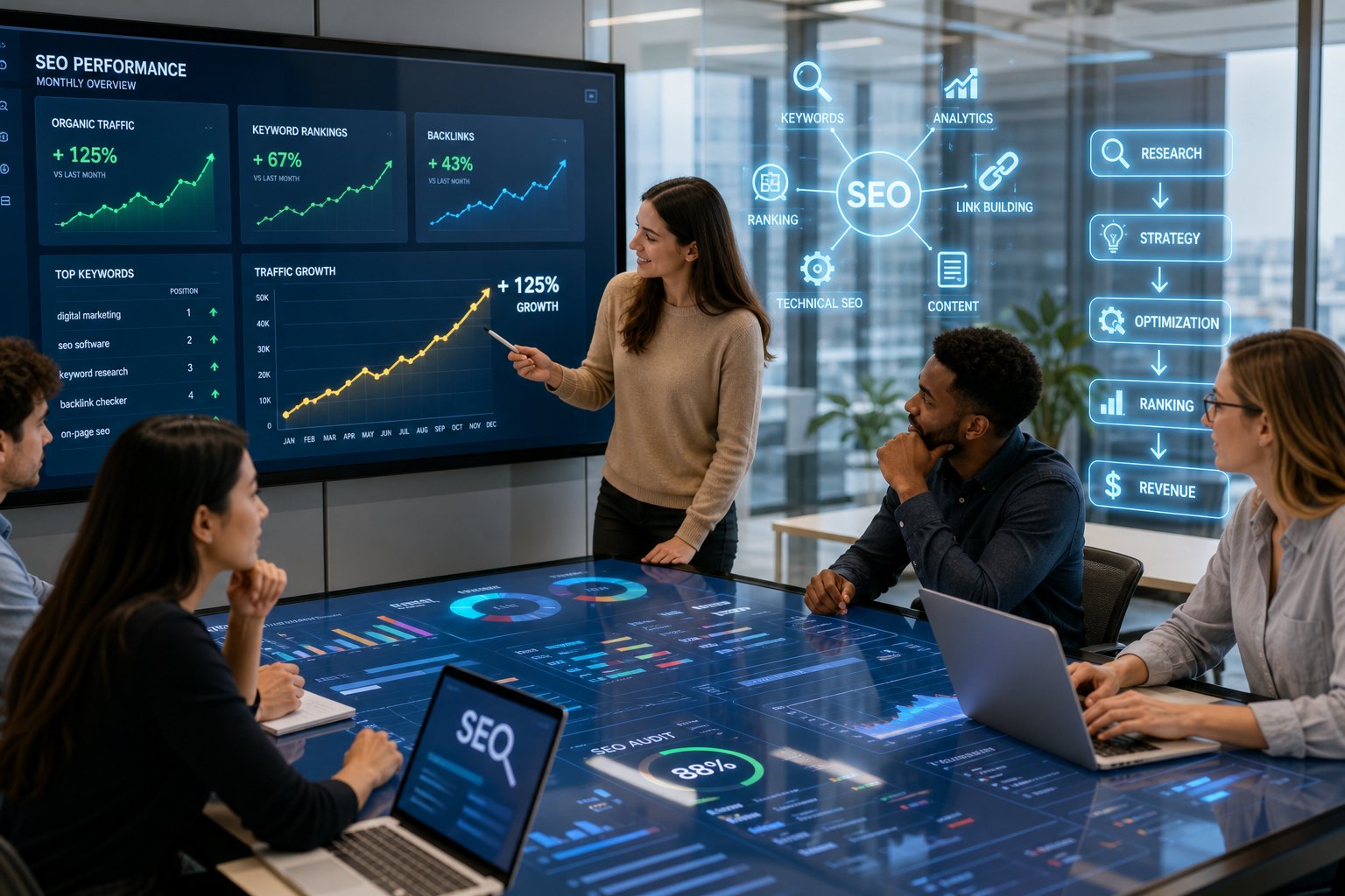 A group of professionals collaborating around a touchscreen table displaying graphs and SEO analytics in a modern office.