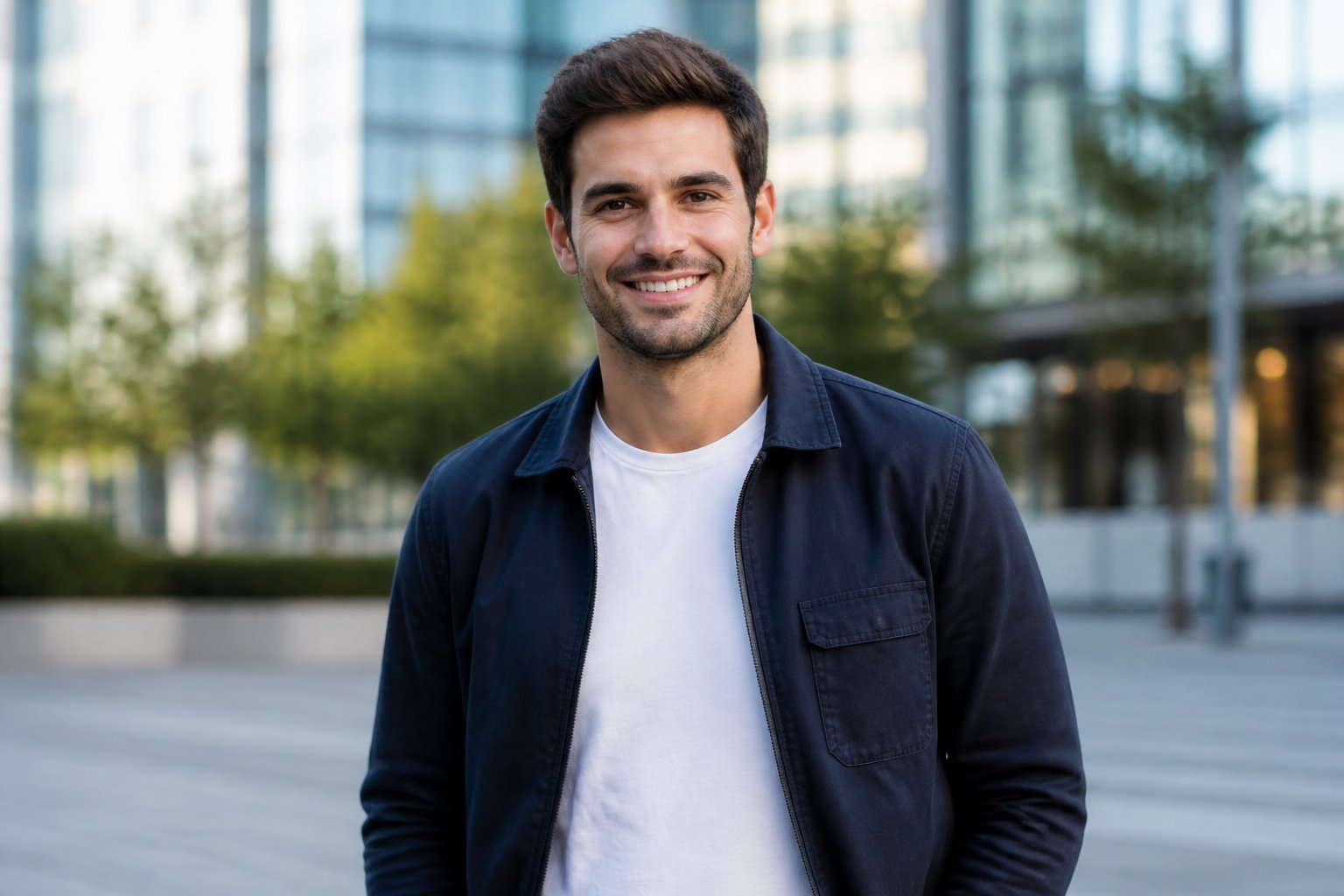 A young man standing outdoors in an urban area, smiling and looking at the camera.