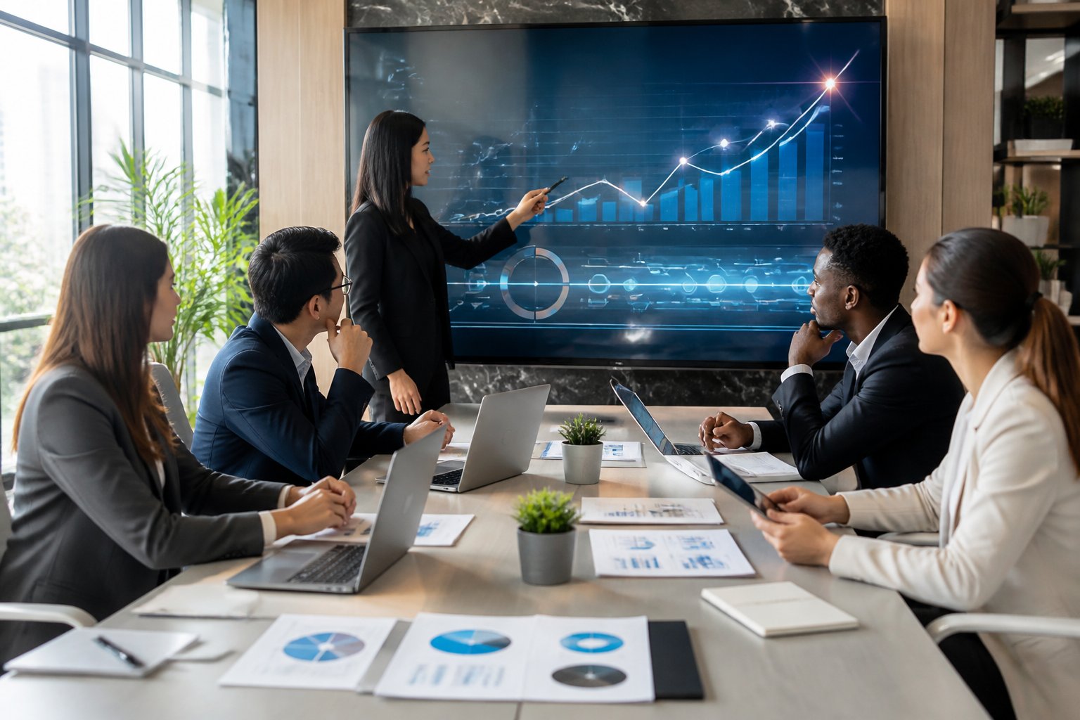 A group of business professionals collaborating around a table with laptops and charts in a bright office, with a screen showing graphs in the background.
