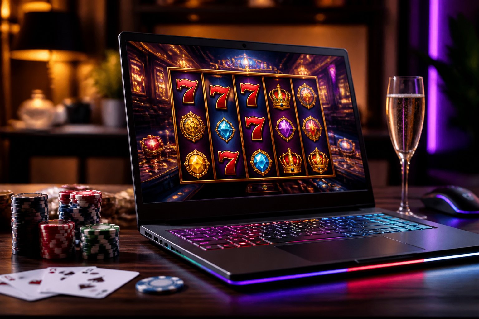 A modern gaming setup with a laptop showing a colorful casino slot game, poker chips, playing cards, and a glass on a wooden desk.