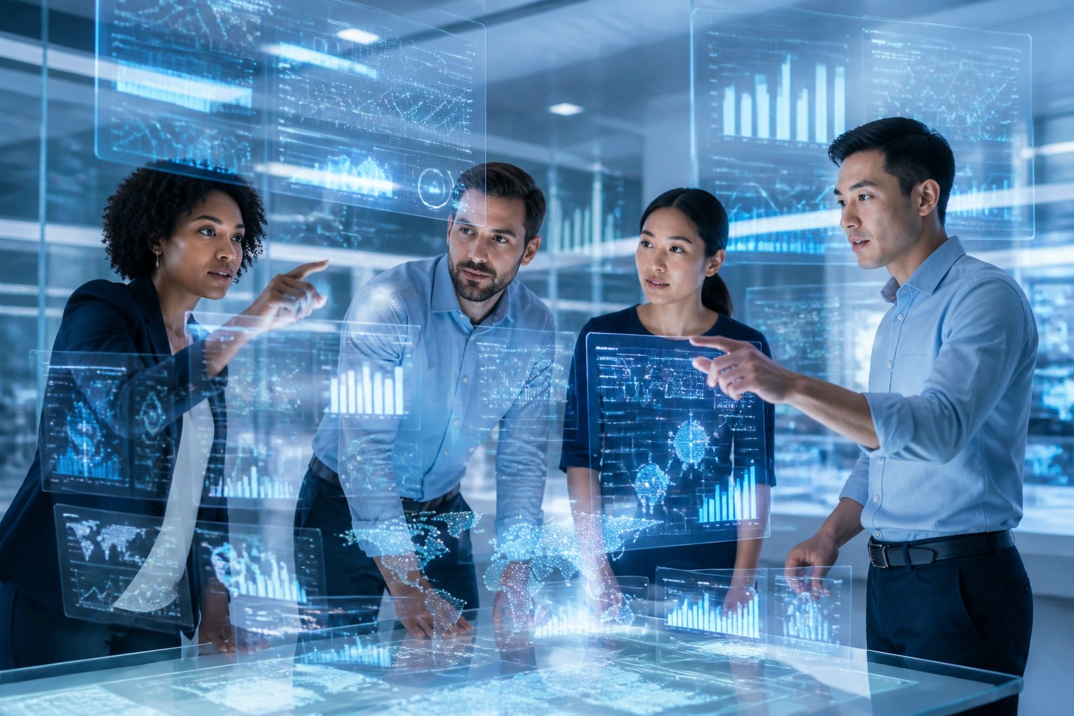 A group of business professionals collaborating around floating digital screens showing data visualizations in a modern workspace.