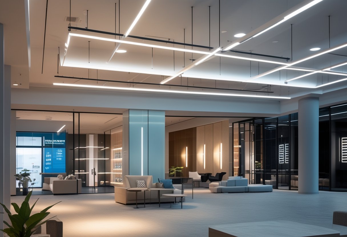 Ruang komersial modern dengan pencahayaan LED yang terang dan fokus, menampilkan lampu LED SMD dan COB di langit-langit.
