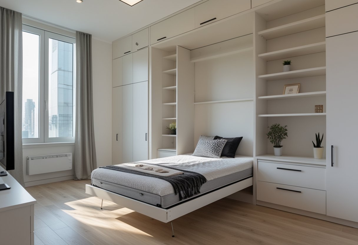 24 Stunning Studio Apartment Layouts: Clever Space Saving Ideas For Small Homes 4 murphy bed studio apartment layoutss folded down built in storage units large window natural light